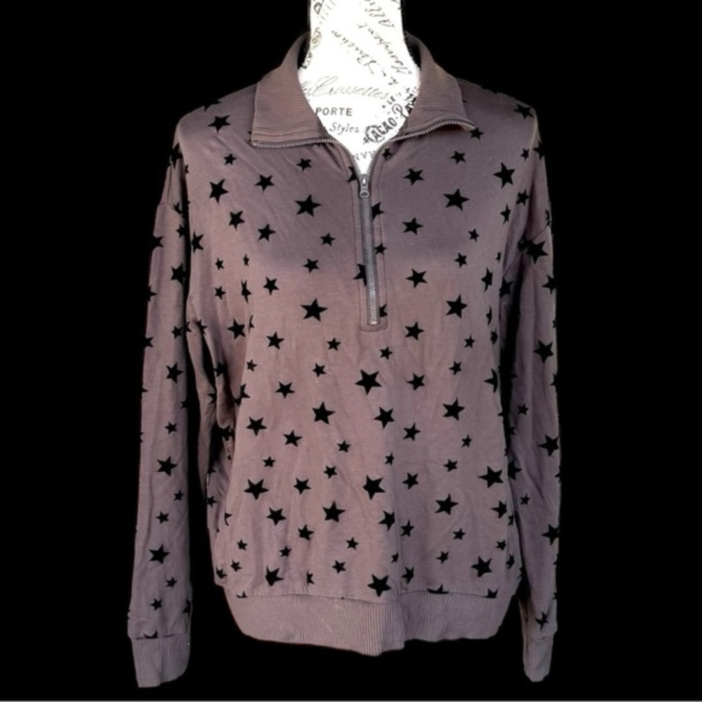Women’s Lou & Grey Brown quarter zip sweater with black stars Size Medium